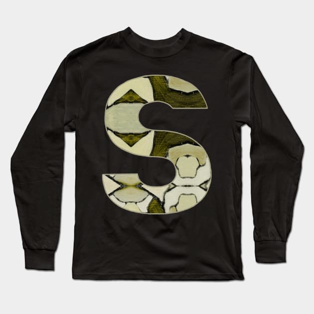 Letter S Monogram Initial Olive Green Pearl White Aesthetic Abstract Pattern Painting On Canvas Long Sleeve T-Shirt by Go Abstract Art